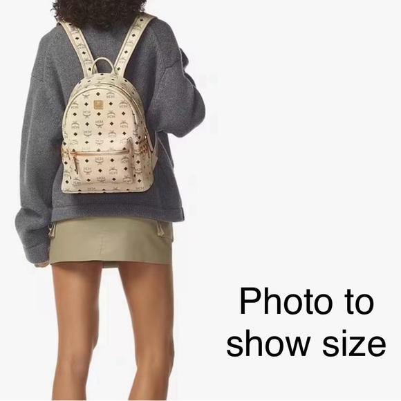 MCM Beige Visetos Silver and Gold Pyramid Studded Backpack - Picture 16 of 16